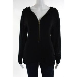 A L C Black Front Zipper Hood Long Sleeves Stretchy Top Blouse Sz Xs